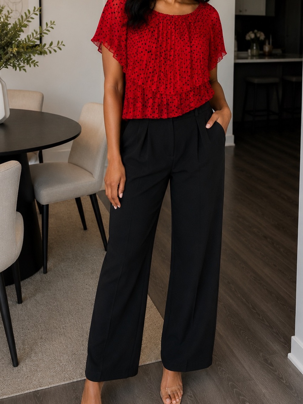 Zara Red Off-Shoulder Polka Dot Pleated Blouse